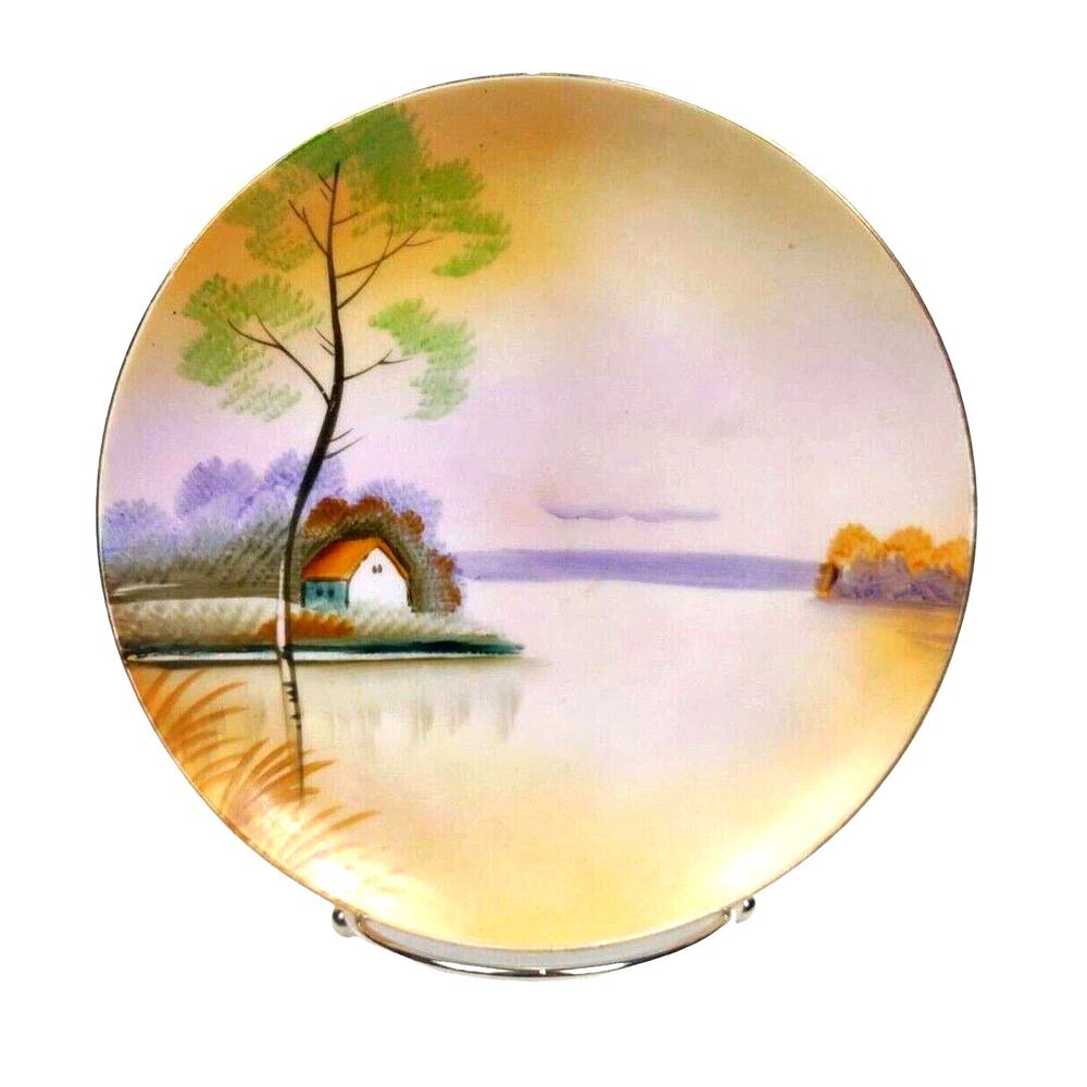 Vintage Meito China Hand Painted Plate Frank J Donahoe Landscape Sunset Hut